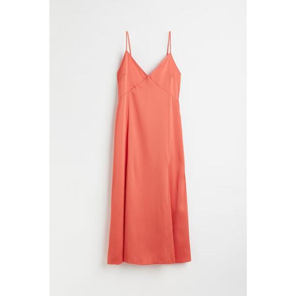 H&M NWT Women's V-neck Satin Slip Sress Fire Orange Size M - Picture 1 of 11